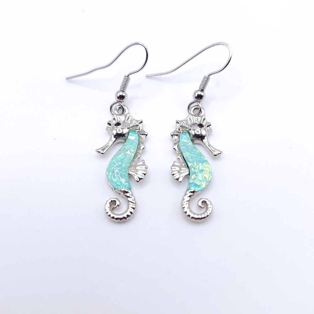 Praymos Seahorse Dangle Earrings Aqua Enamel Silver Tone Nautical Drop Pair - Picture 5 of 5